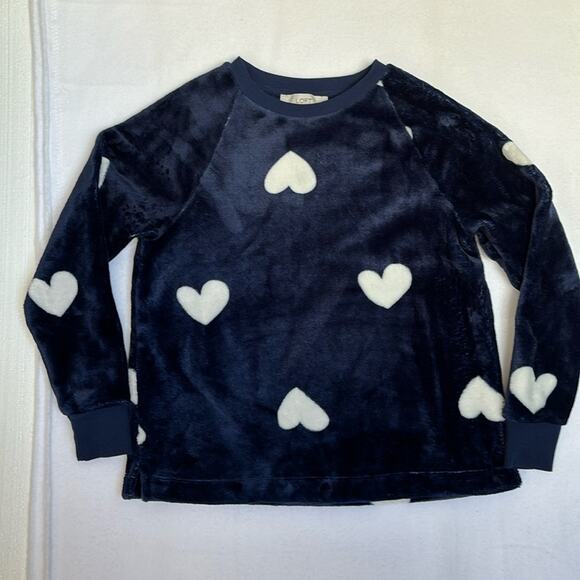 Loft Soft Furry Fleece Long Sleeve Pull Over Navy Blue White Hearts Size XS - Picture 1 of 7